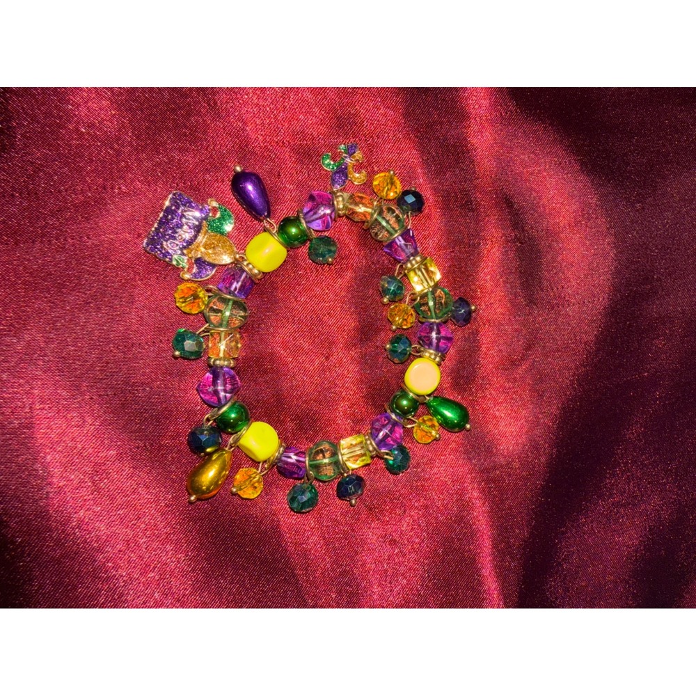 Mardi Gras Beaded Charm Bracelet Fleur De Lis Purple Green Gold Fat Tuesday Part